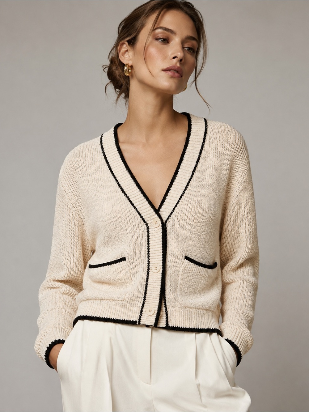 OAK + FORT Cream Cardigan with Black Trim